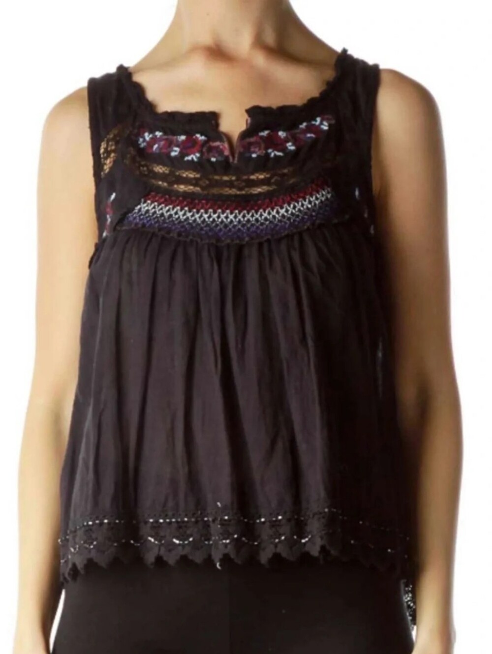 Free People Stitch Wonderland Tank Top Black Embroidered Cotton